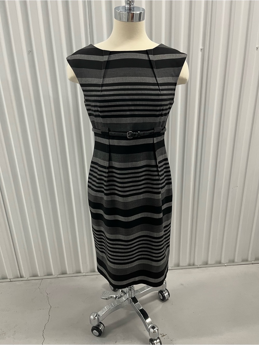 Calvin Klein Black & Gray Striped Sheath Dress with Belt